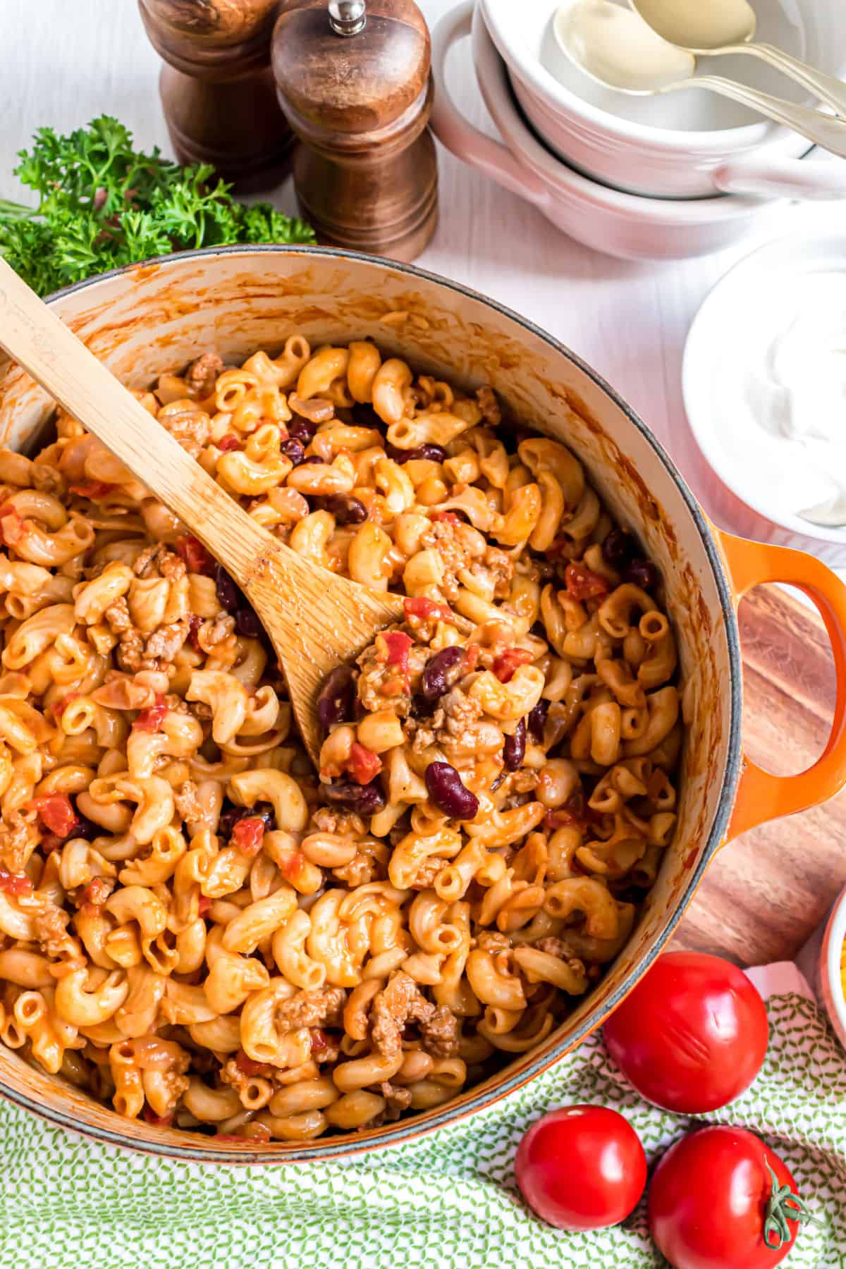 Chili mac in a dutch oven.