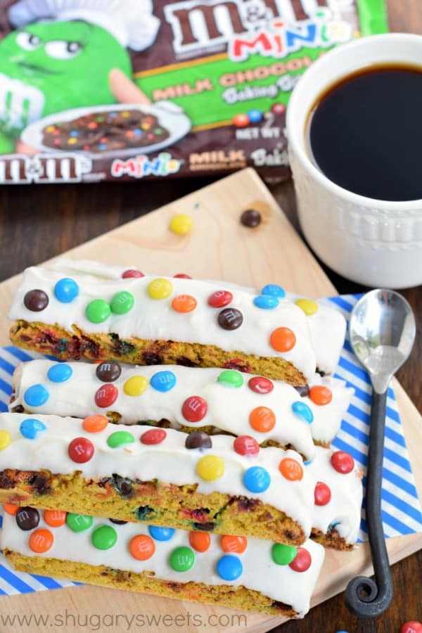 Looking for a fall snack idea? This Pumpkin M&M’S® Biscotti has the perfect crunch and tastes amazing dunked in your coffee or hot cocoa!