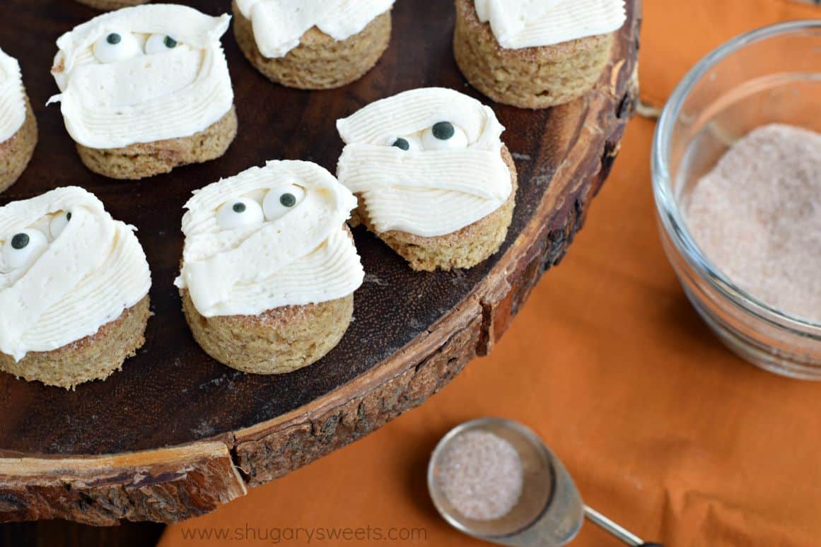 Snickerdoodle Blondie Bites with with buttercream frosting. Perfect holiday treats, easy to make too! Halloween Mummies!