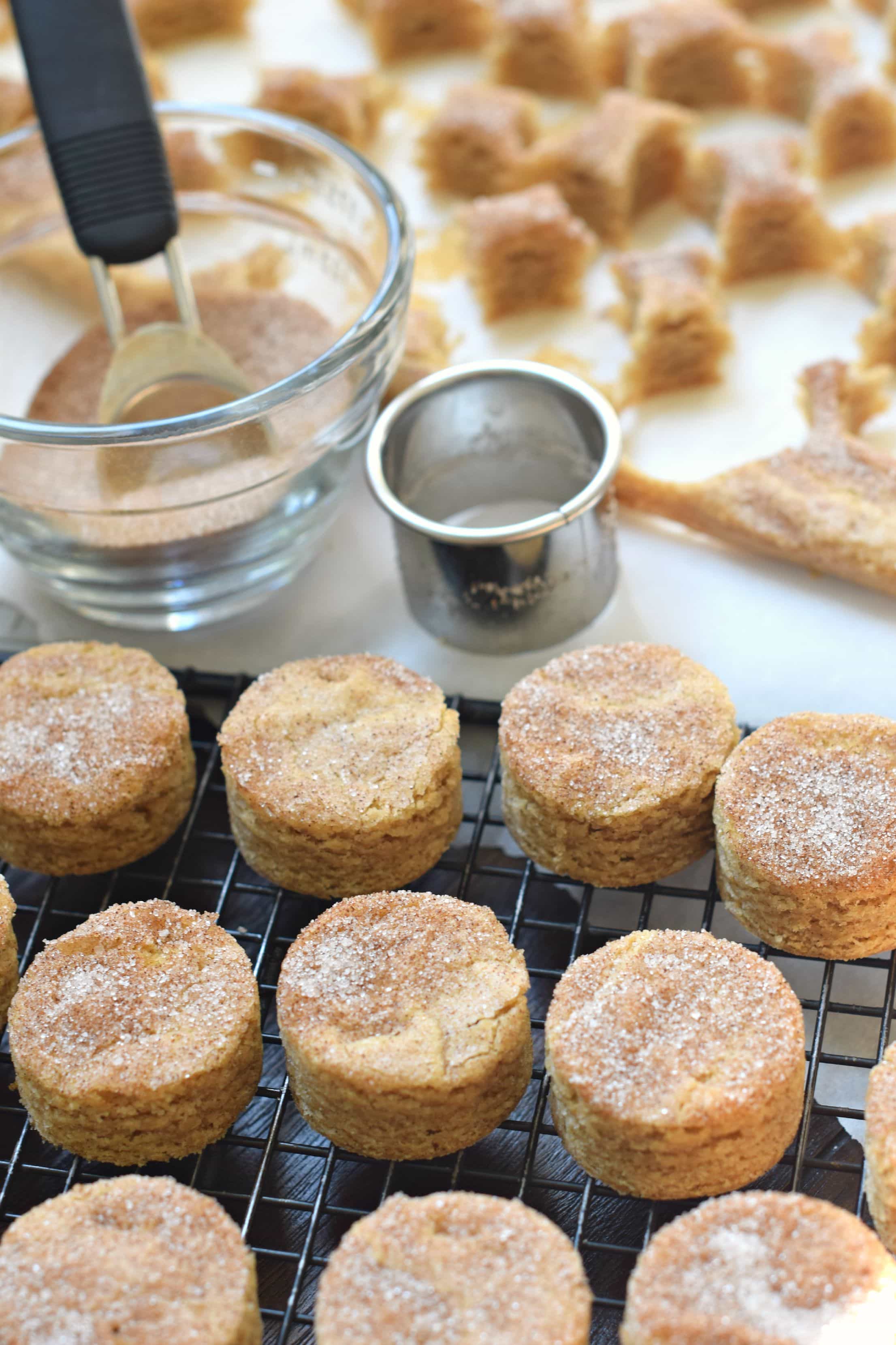 Photo showing how to make snickerdoodle blondie bites with cookie cutter.