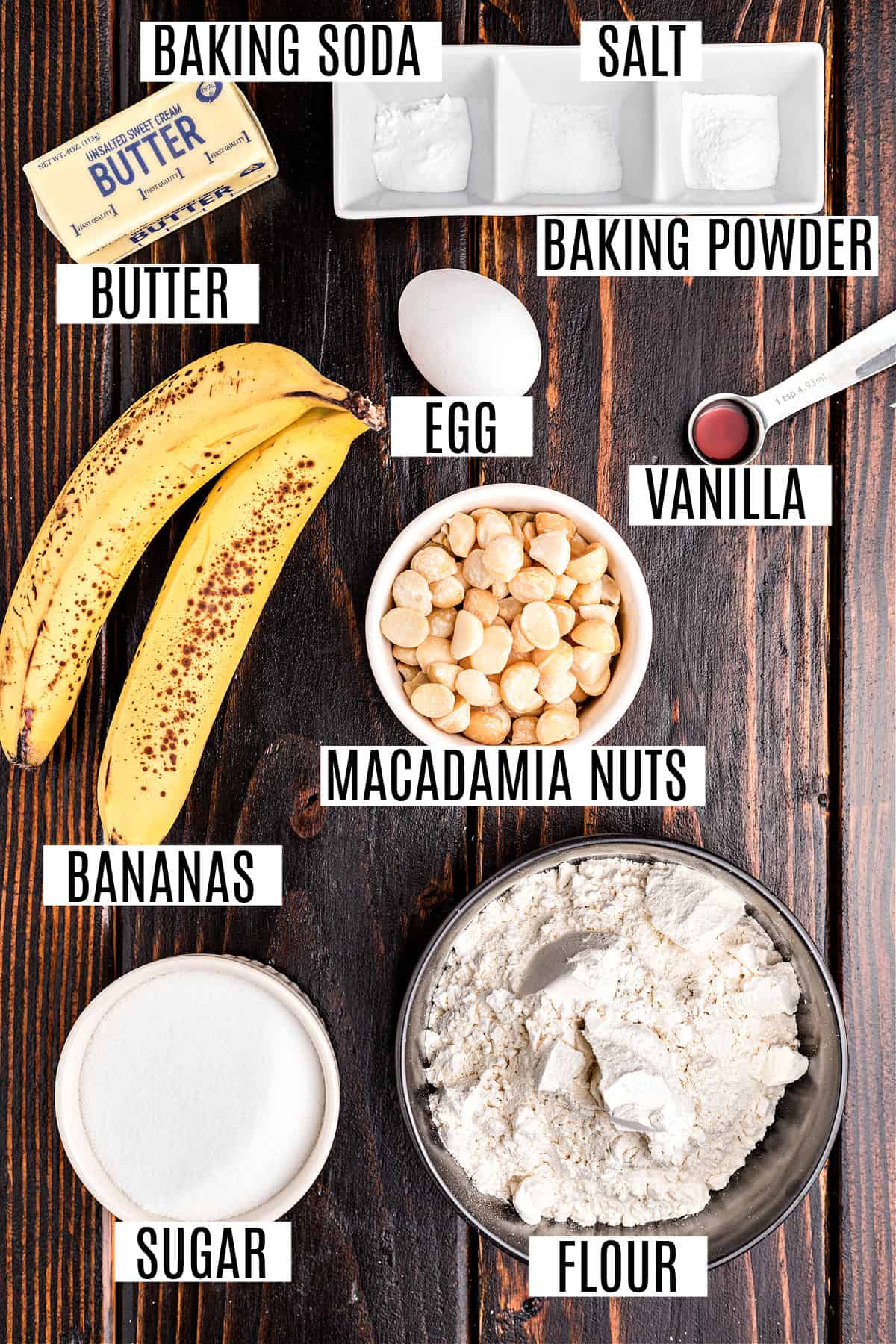 Ingredients needed for banana macadamia nut cake recipe.