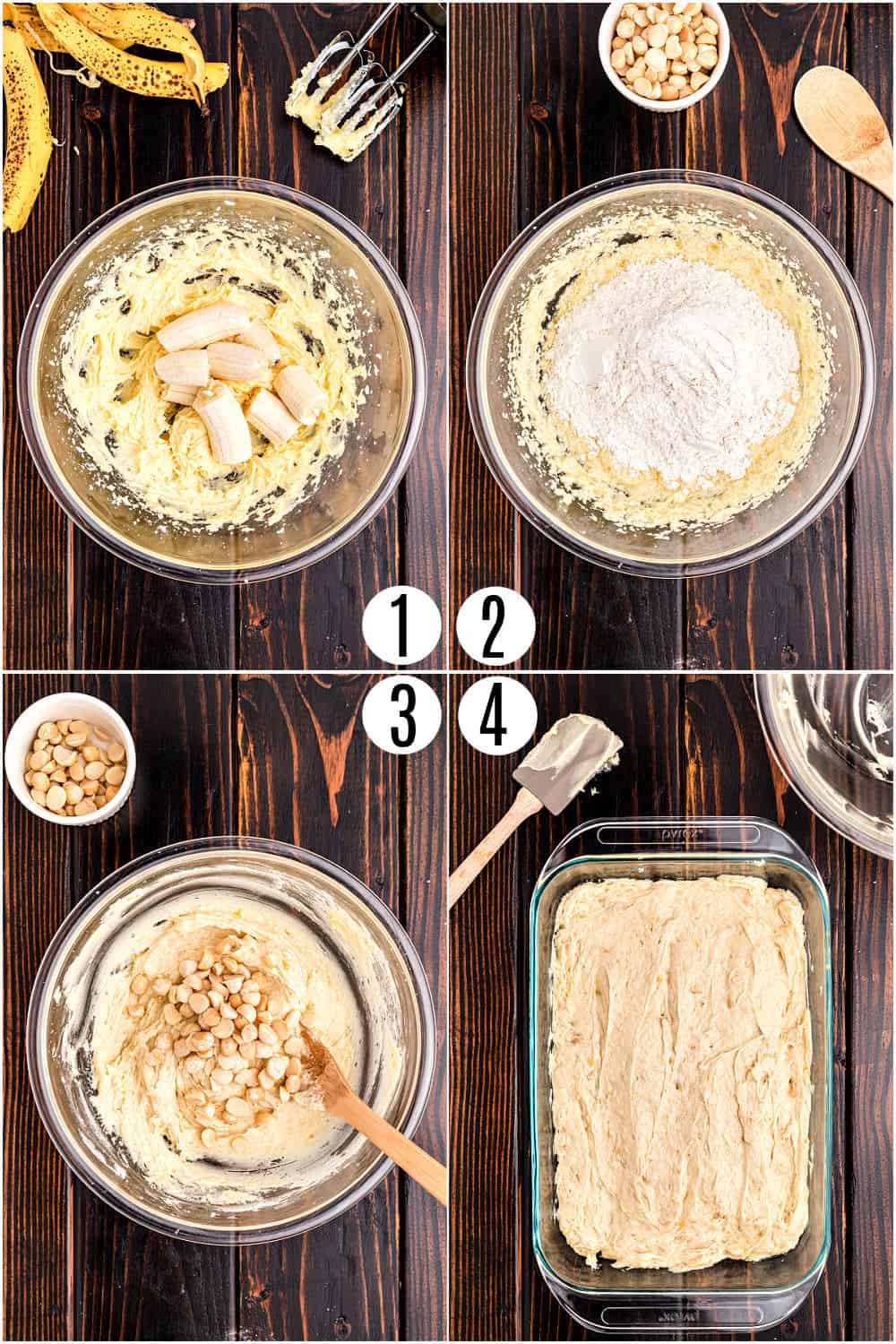 Step by step photos showing how to make banana cake with macadamia nuts and vanilla frosting.