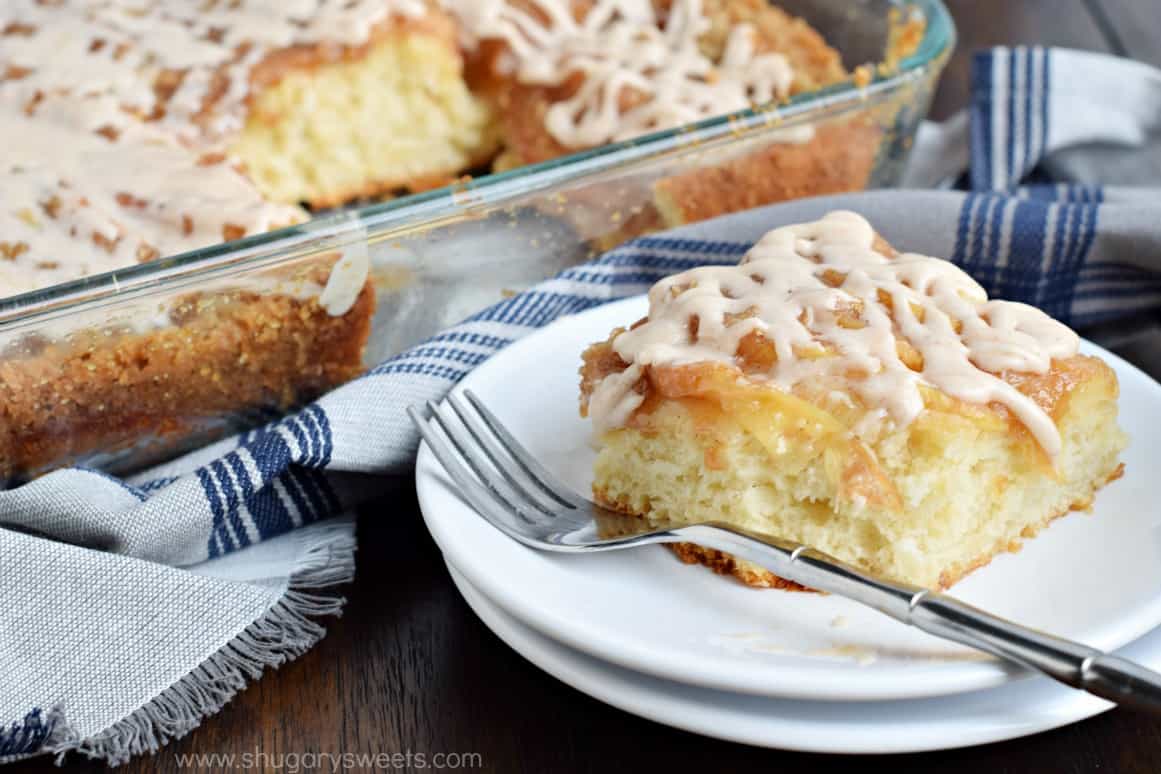 A delicious Cinnamon Apple Coffee Cake with the texture and flavor of cinnamon rolls! No need to shape or knead the delicious dough!