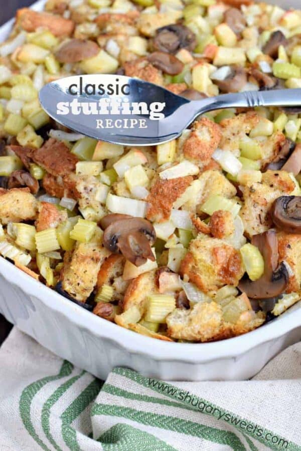 Whether making this for a Sunday night dinner or Thanksgiving, this Classic Stuffing Recipe is delicious! Can be made a day ahead of time too!