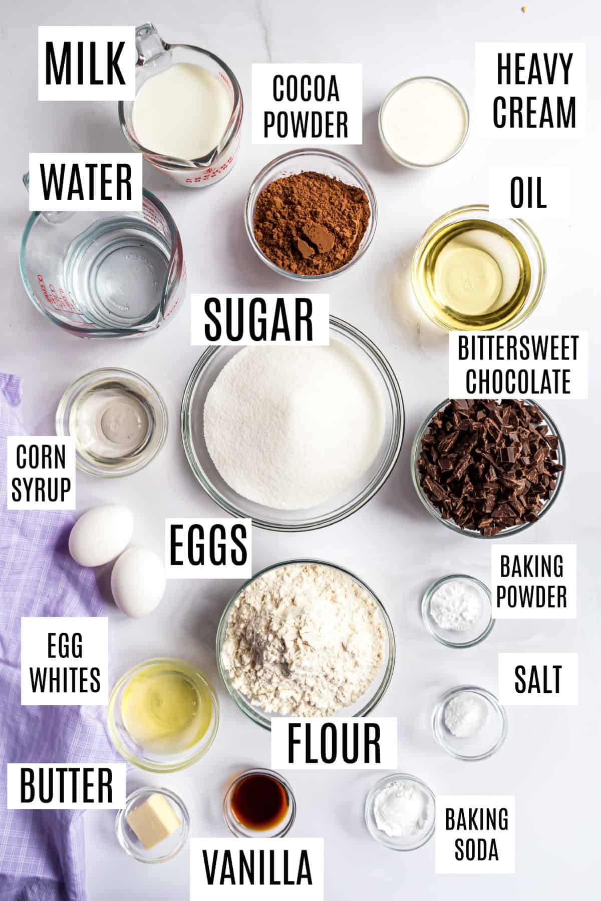 Ingredients needed to make copycat hostess cupcakes.