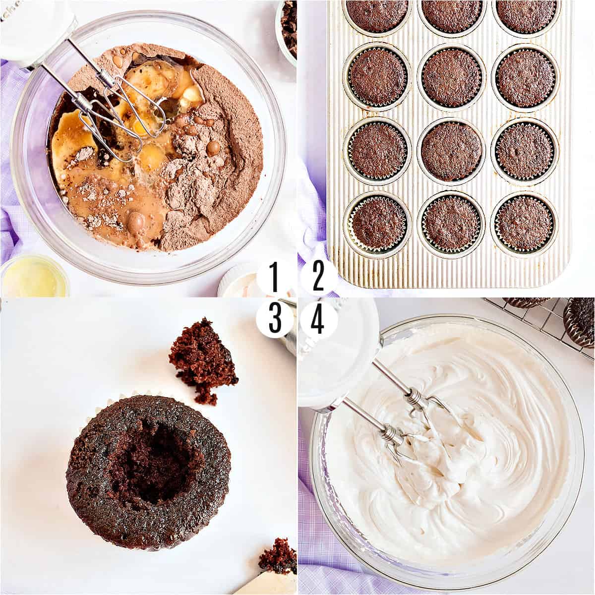 Step by step photos showing how to make chocolate hostess cupcakes.