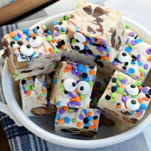 Monster cookie dough fudge with haloween sprinkles and candy eyes.