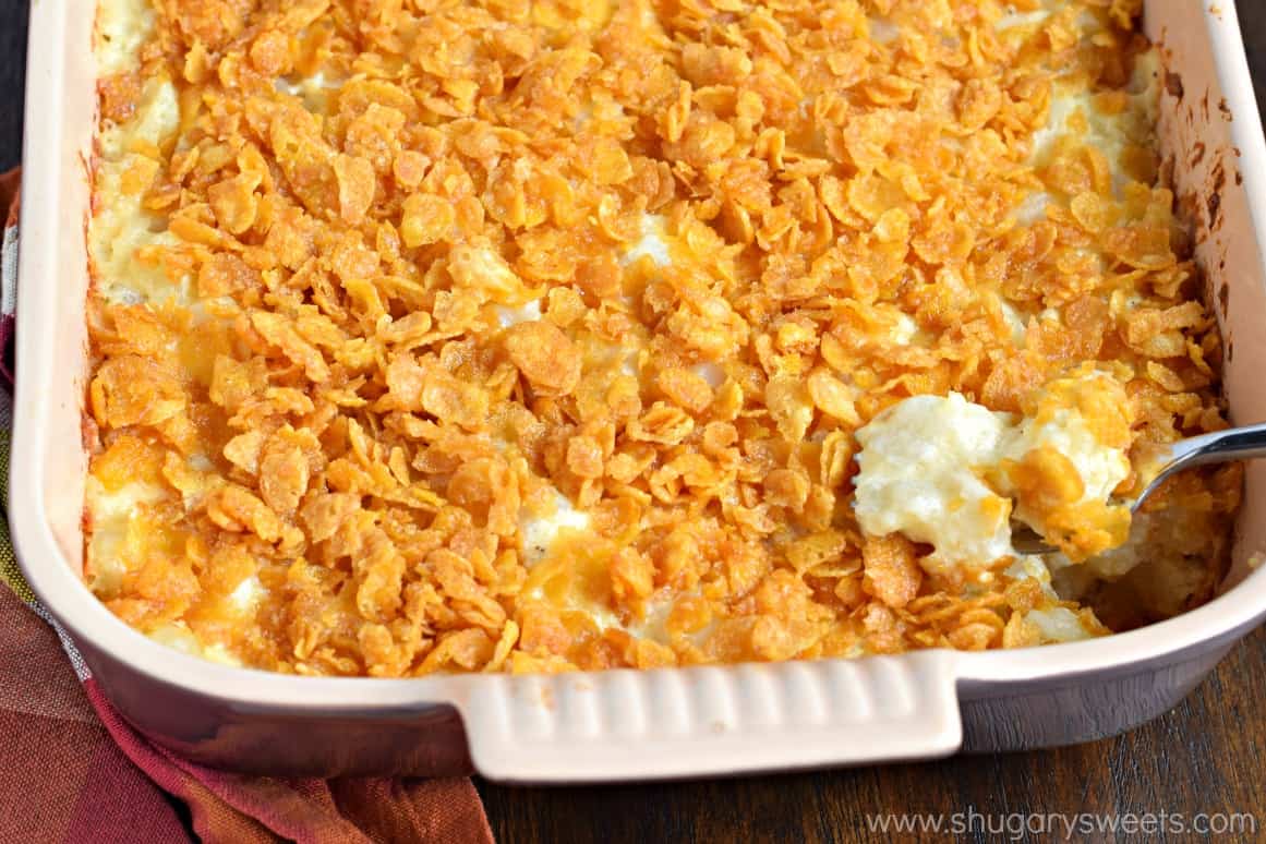 Hashbrown Casserole with cheese and cornflakes