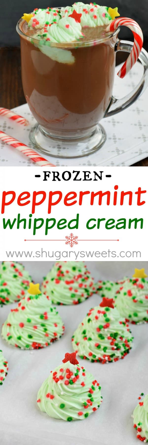 Frozen Peppermint Whipped Cream (Christmas Trees) to add fun and flavor to your hot chocolate or coffee this holiday season! Easy to make this recipe ahead of time and freeze until ready to enjoy.