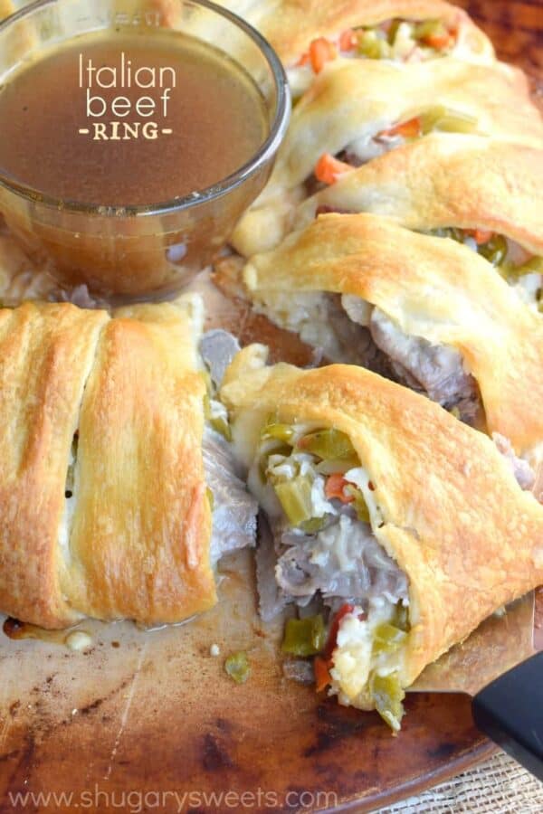 This Italian Beef Ring is a quick and easy dinner recipe. Make using my slow cooker italian beef, or store bought! Great game day appetizer too!