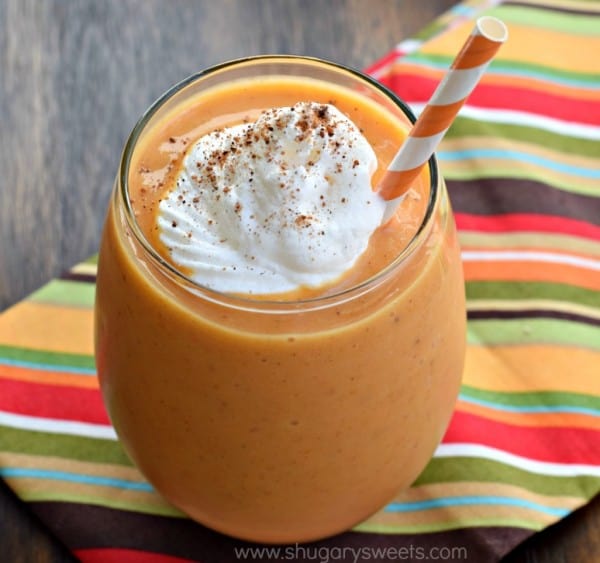 Whip up one of these delicious Pumpkin Pie Smoothies for breakfast today! The perfect, healthy way to start your day (or recover after a workout)!