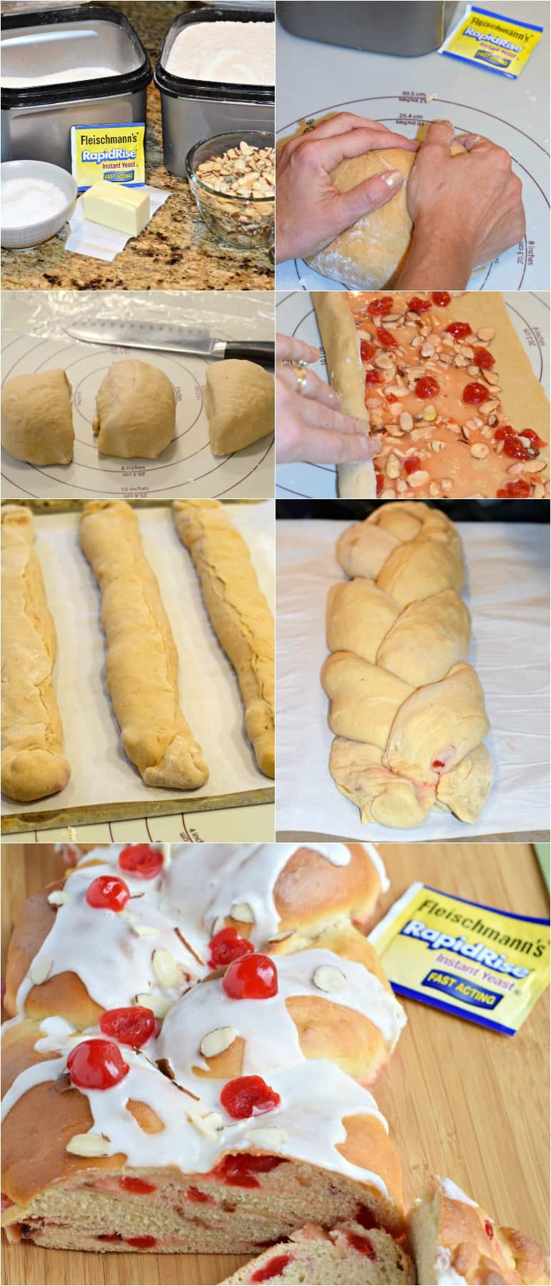Step by step photos showing how to make cherry almond braid.