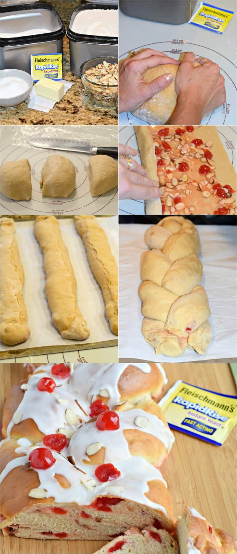 Step by step photos showing how to make cherry almond braid.