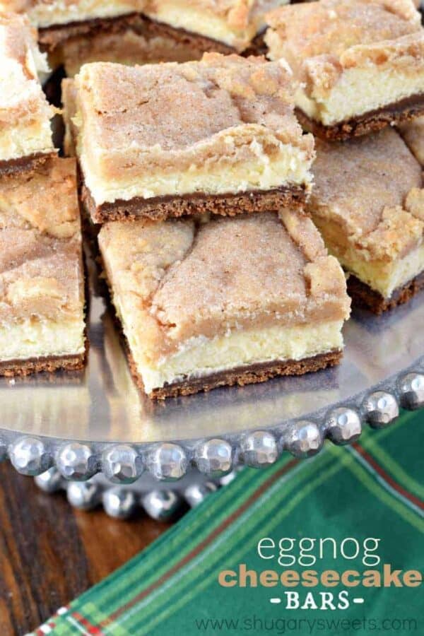 Layered Eggnog Cheesecake bars with a gingersnap crust, creamy cheesecake filling and snickerdoodle cookie topping! This is the ultimate dessert recipe, and it's easy enough to make! Layered Eggnog Cheesecake bars with a gingersnap crust, creamy cheesecake filling and snickerdoodle cookie topping! This is the ultimate dessert recipe, and it's easy enough to make!