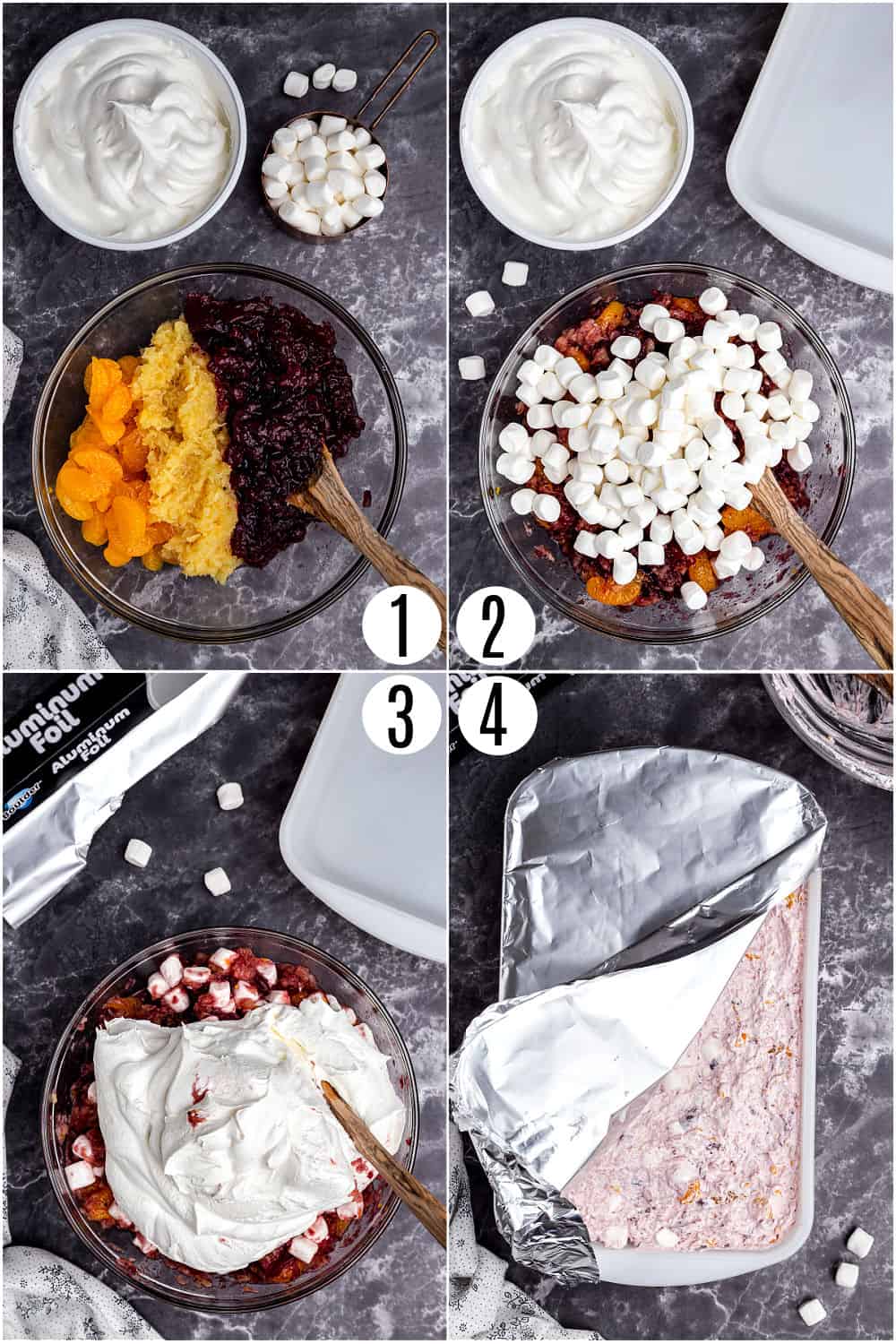 Step by step photos showing how to make cranberry orange salad.