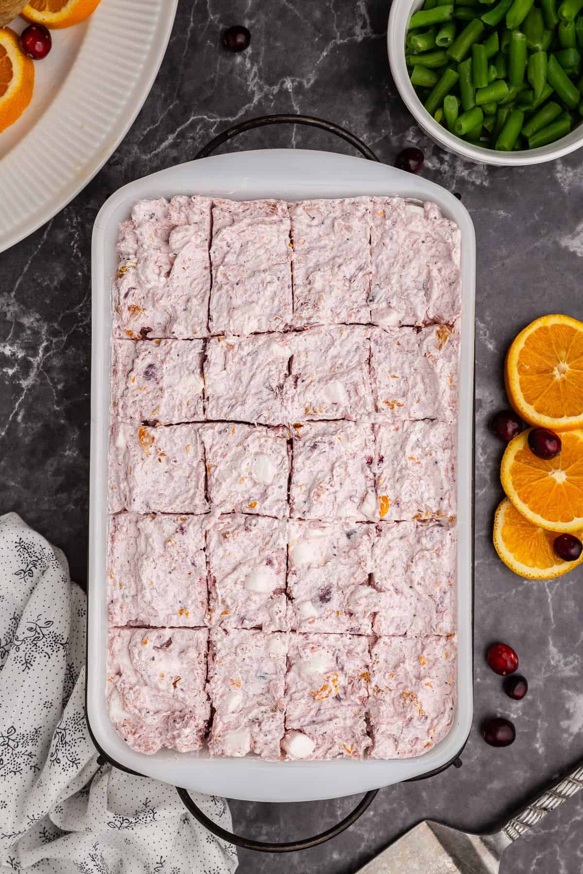 Frozen salad in a white 13x9 dish.