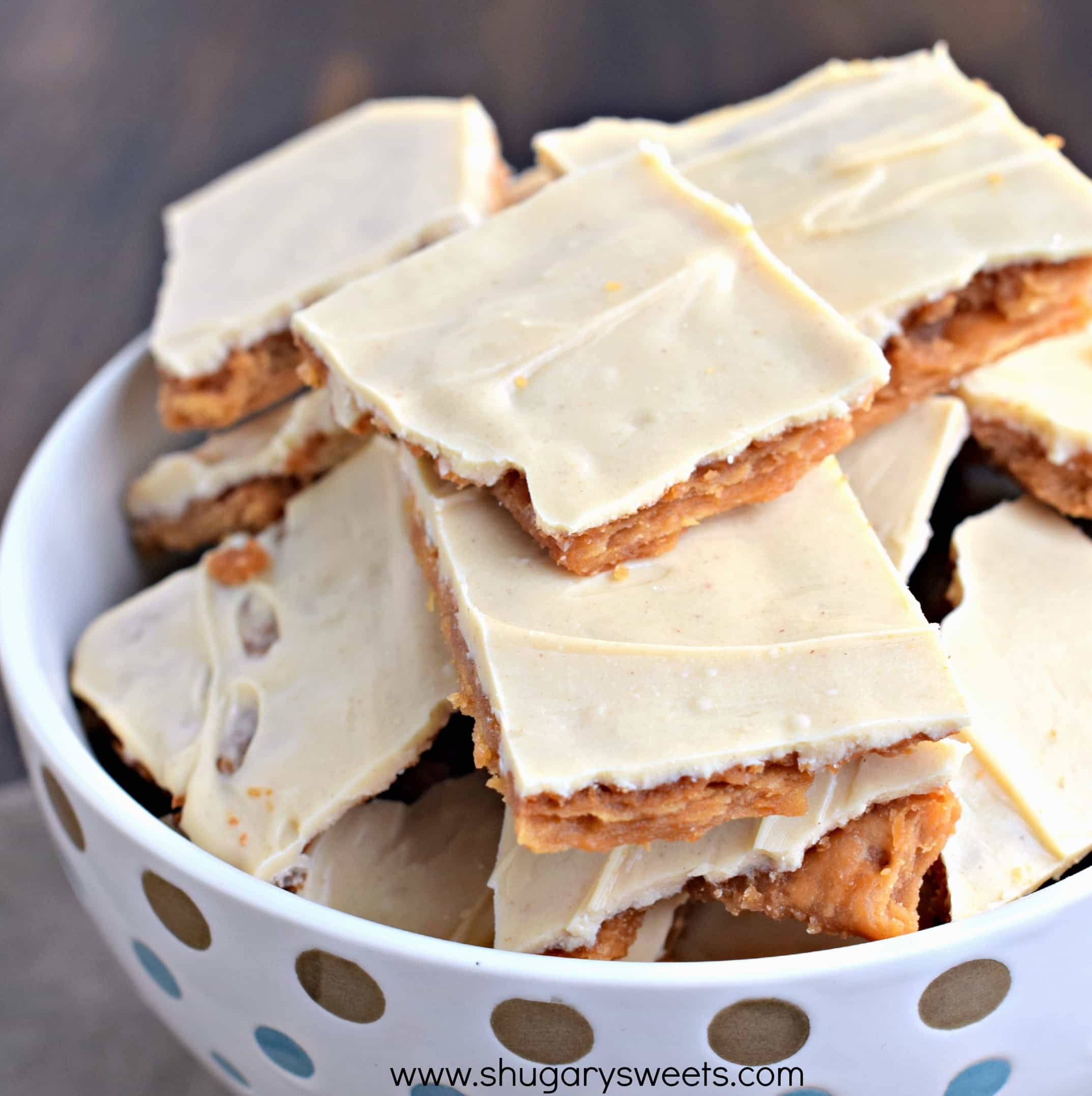 Bowl with peanut butter cracker toffee.