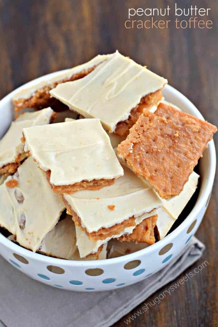 Polka dot bowl with peanut butter toffee.