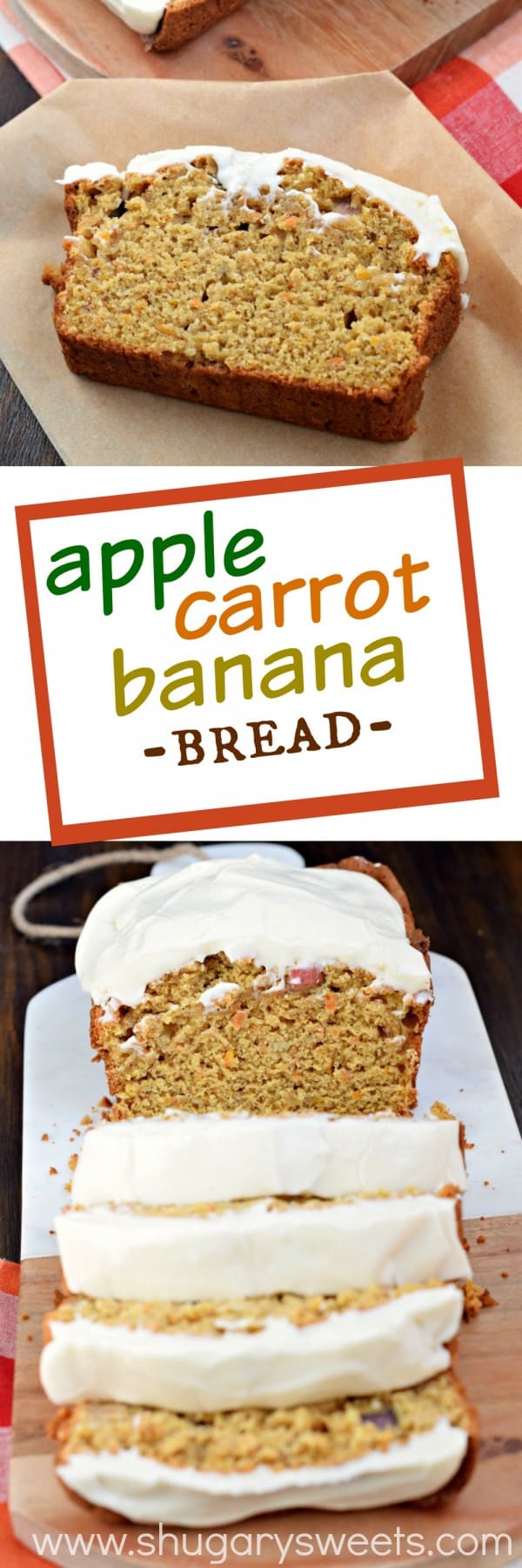 As if this Apple Banana Carrot Bread wasn't sweet enough, adding the cream cheese frosting takes this bread recipe to a whole new delicious level!