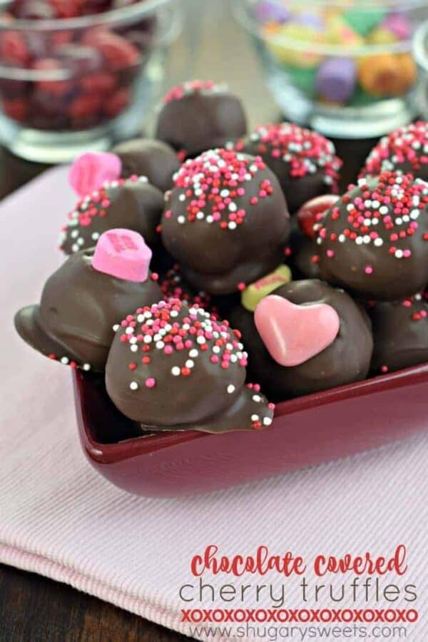 These sweet Chocolate Covered Cherry Truffles are the perfect way to say "I love you" this Valentine's Day! A sweet cherry fudge dipped in chocolate, you'll want to make this recipe any time of year!
