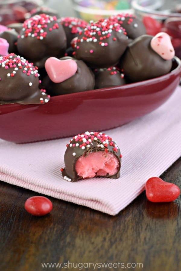 These sweet Chocolate Covered Cherry Truffles are the perfect way to say "I love you" this Valentine's Day! A sweet cherry fudge dipped in chocolate, you'll want to make this recipe any time of year!