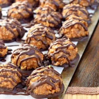 Samoa truffles on cookie sheet.