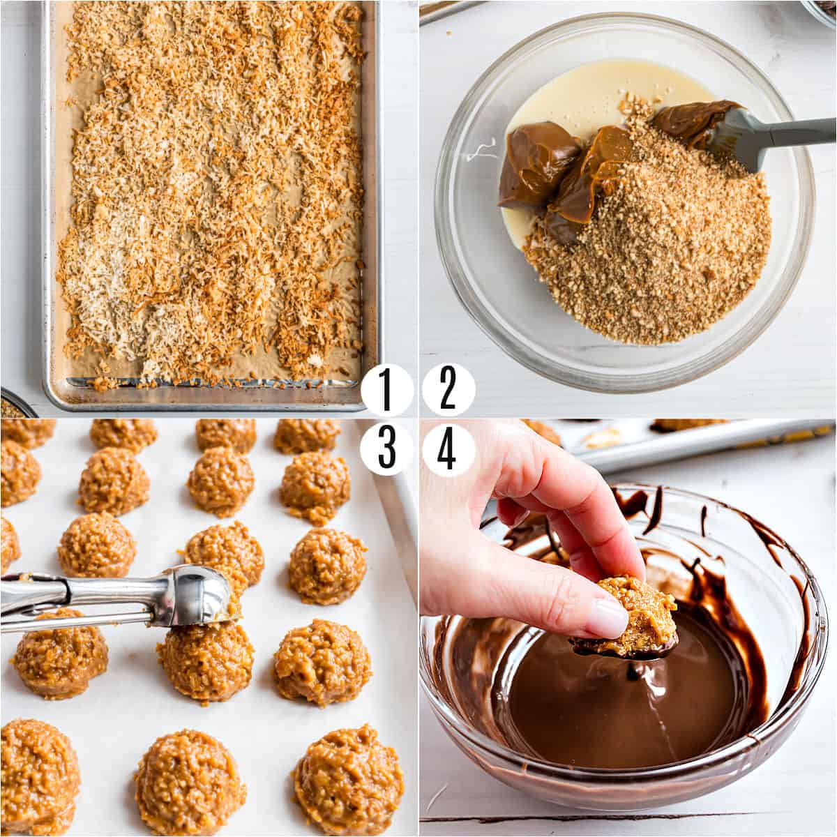 Step by step photos showing how to make samoa truffles.