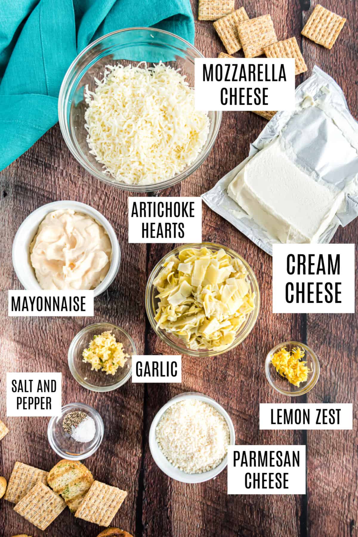 Ingredients needed to make easy artichoke dip.