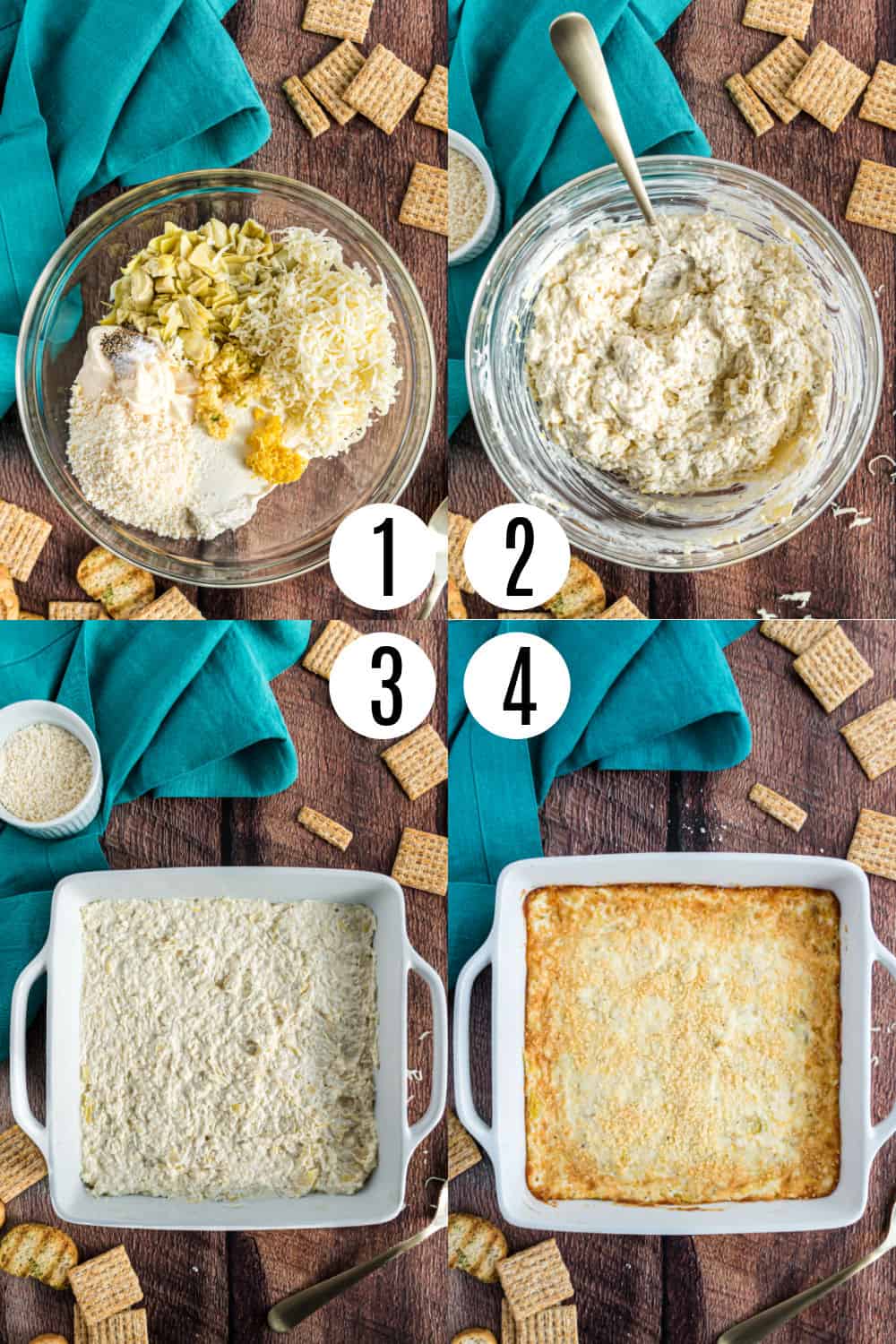 Step by step photos showing how to make artichoke dip.