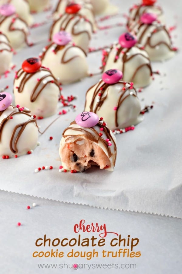 A delicious treat for Valentine's Day. These Cherry Chocolate Chip Cookie Dough Truffles are packed with maraschino cherries, homemade cookie dough and festive M&M'S®.