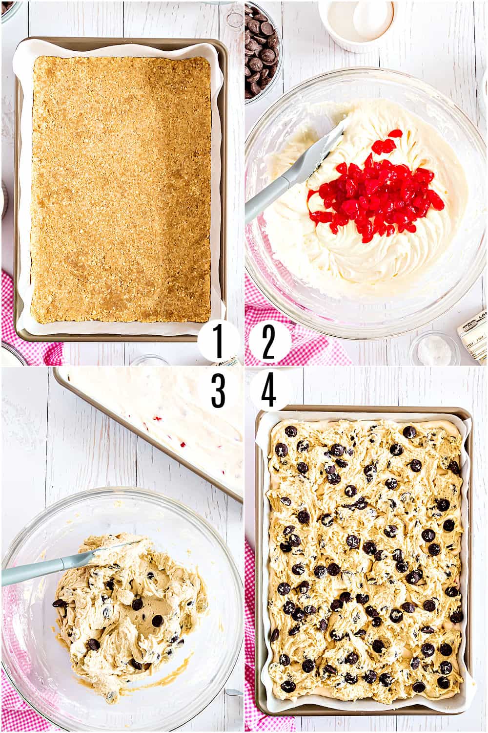Step by step photos showing how to make cherry cheesecake bars.