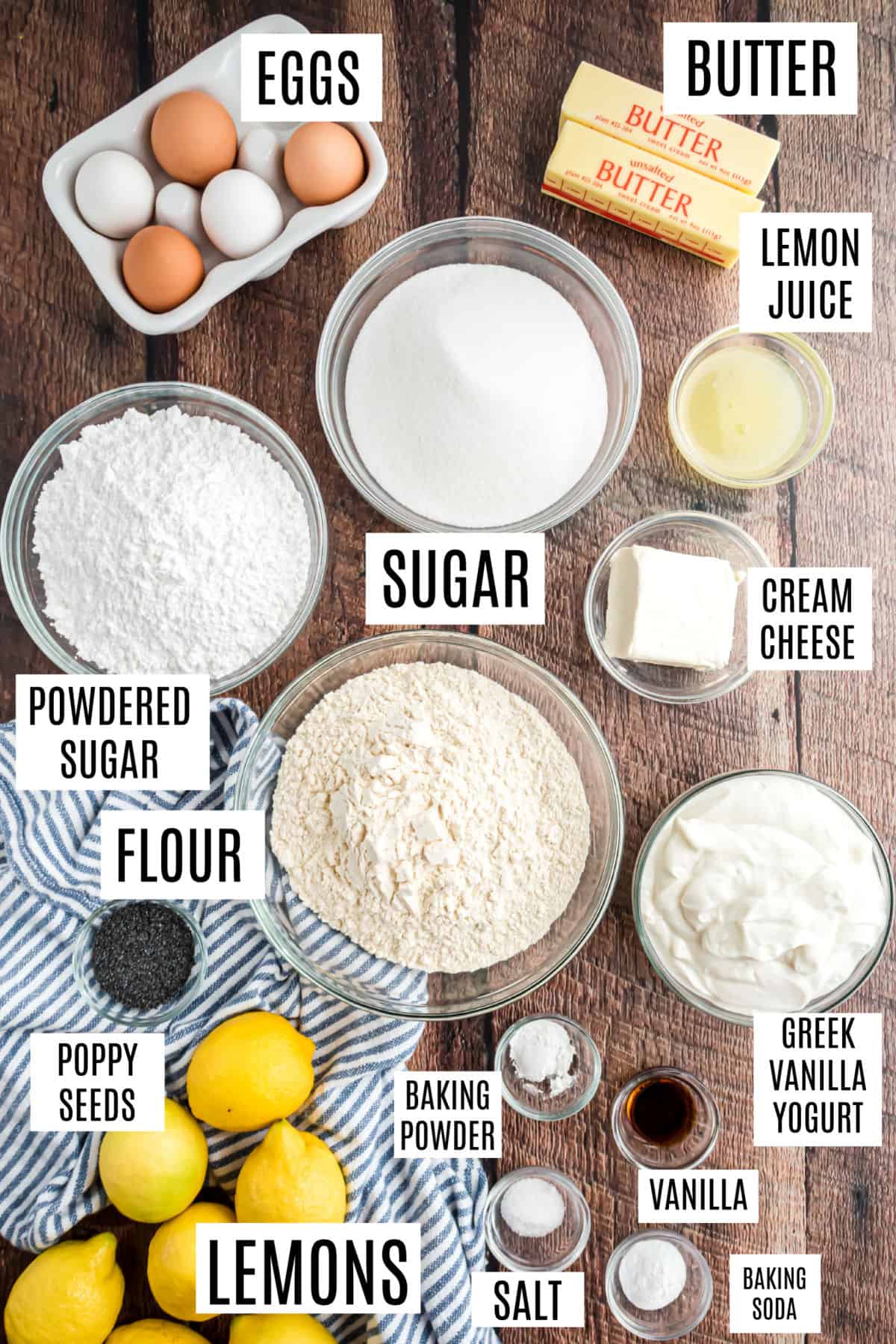 Ingredients needed to make lemon poppy seed bread.