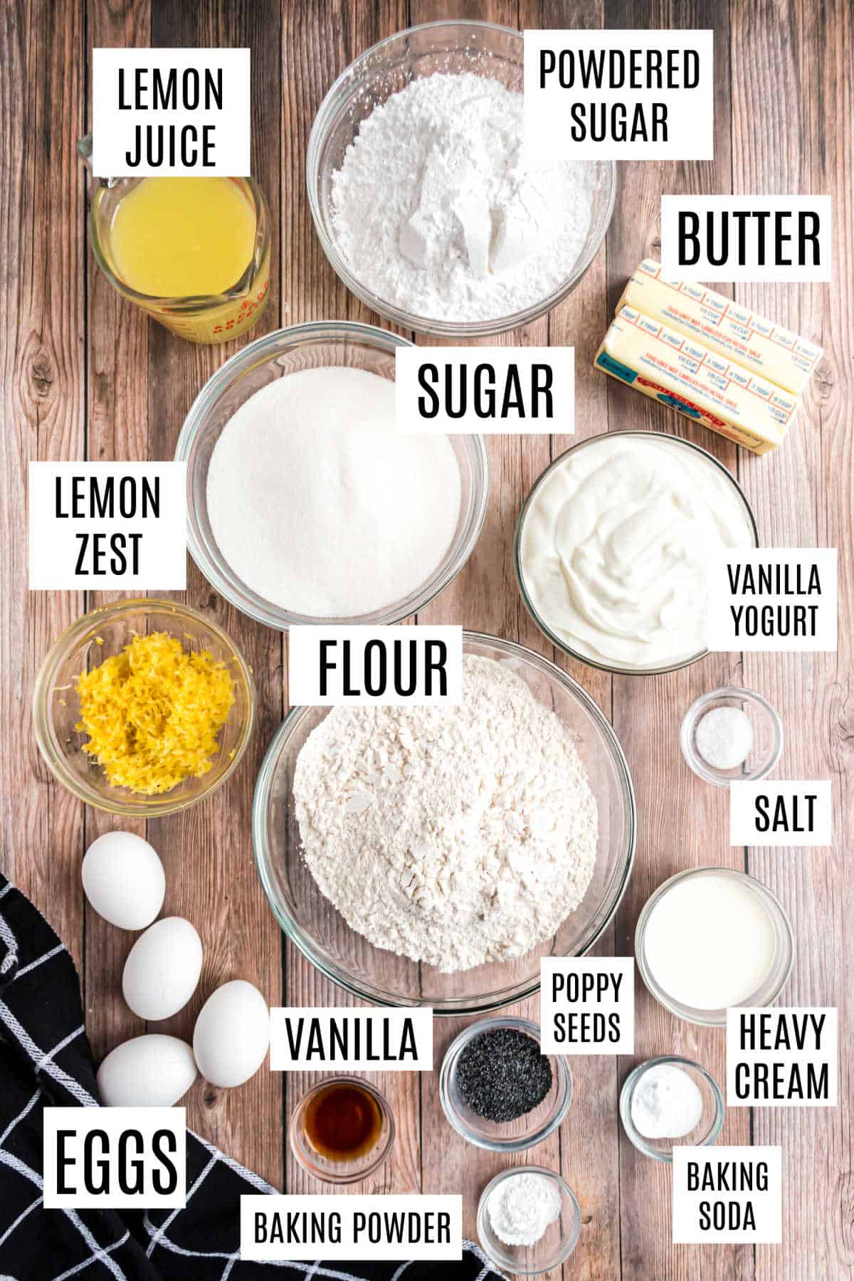 Ingredients needed to make lemon poppy seed muffins.