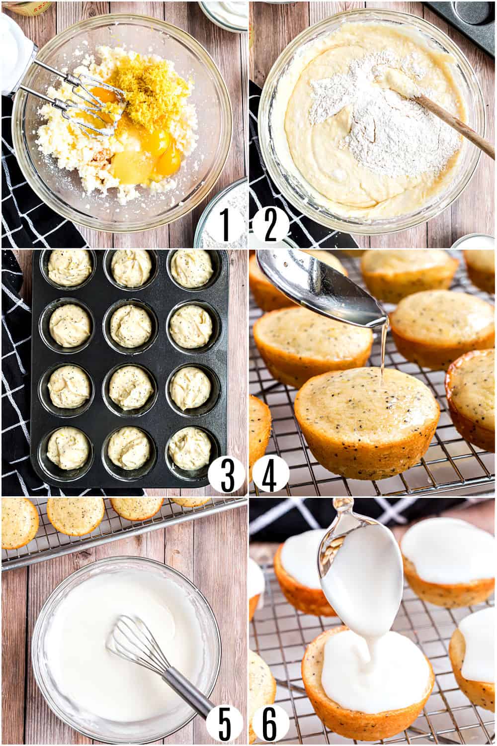 Step by step photos showing how to make lemon muffins.