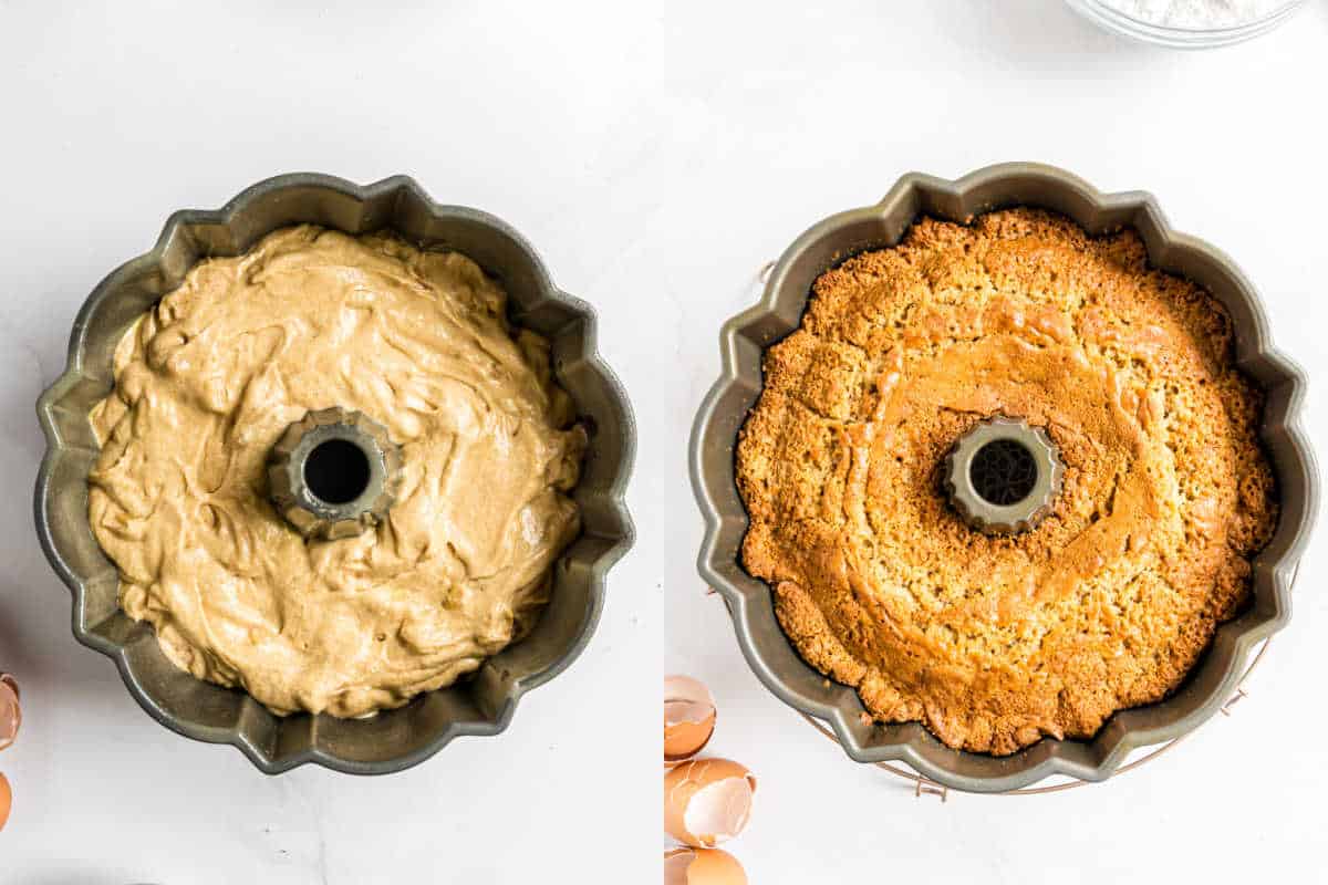 Side-by-side of an unbaked and a baked caramel apple bundt cake in a pan, with eggshells on the counter.