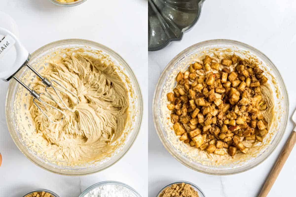 Side-by-side bowls: one with cake batter and a mixer, the other with spiced chopped apples for a caramel apple bundt cake on top of the batter.