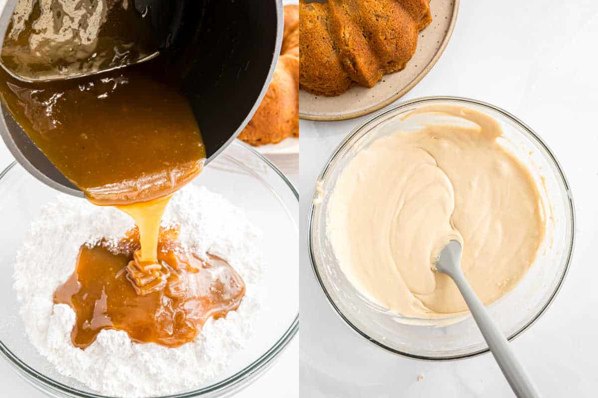 Caramel sauce poured into powdered sugar, then mixed into a creamy frosting in a glass bowl with a spatula—perfect for drizzling over your caramel apple bundt cake.