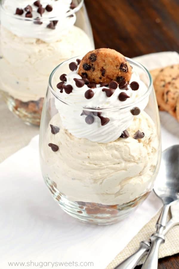 Fill a glass with this beautiful NO BAKE Chocolate Chip Cookie Cheesecake Parfait! Layer after layer, it's a delicious dessert recipe any time of year!