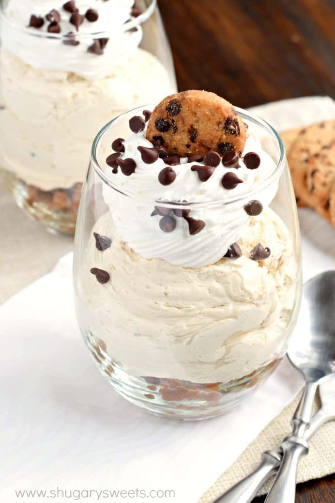 Fill a glass with this beautiful NO BAKE Chocolate Chip Cookie Cheesecake Parfait! Layer after layer, it's a delicious dessert recipe any time of year!