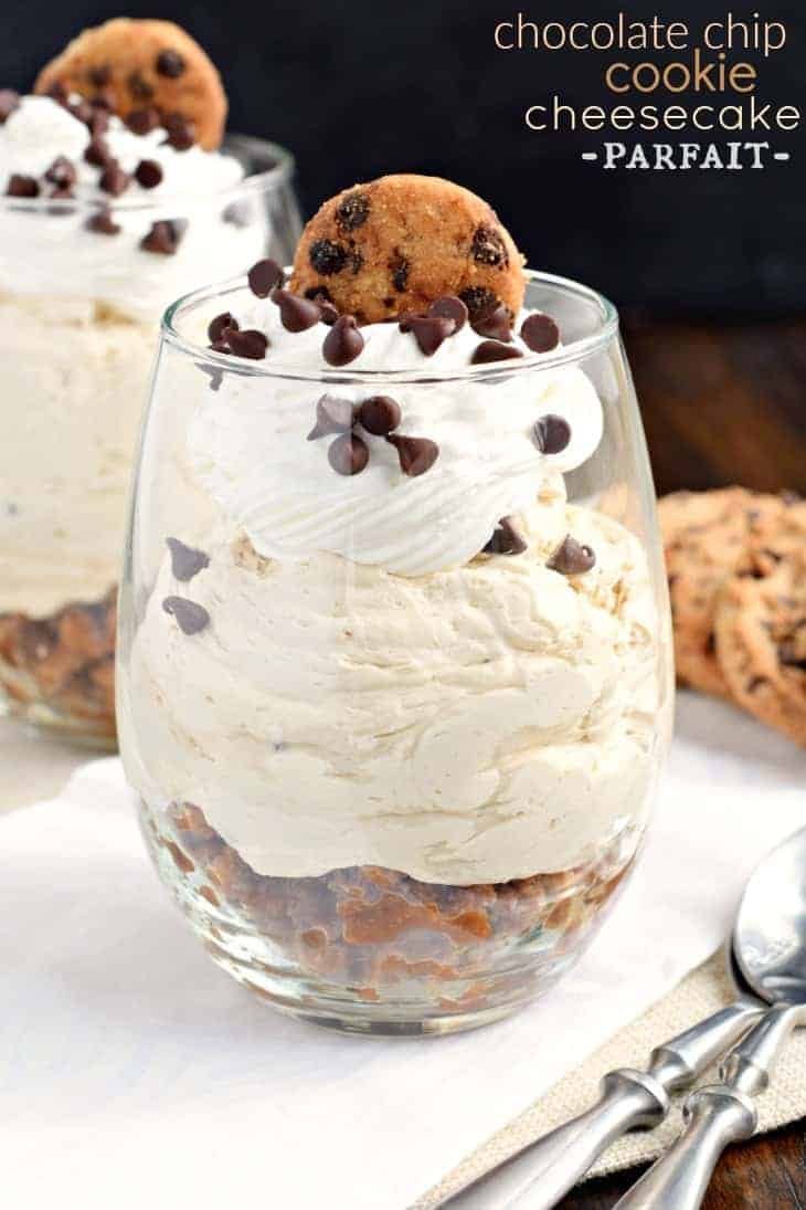 Fill a glass with this beautiful NO BAKE Chocolate Chip Cookie Cheesecake Parfait! Layer after layer, it's a delicious dessert recipe any time of year!