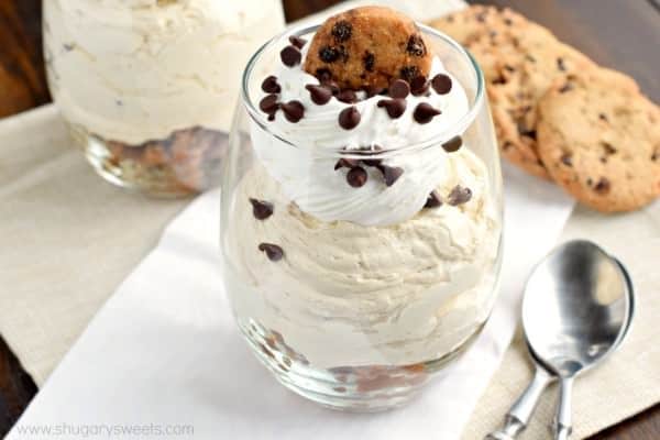 Fill a glass with this beautiful NO BAKE Chocolate Chip Cookie Cheesecake Parfait! Layer after layer, it's a delicious dessert recipe any time of year!