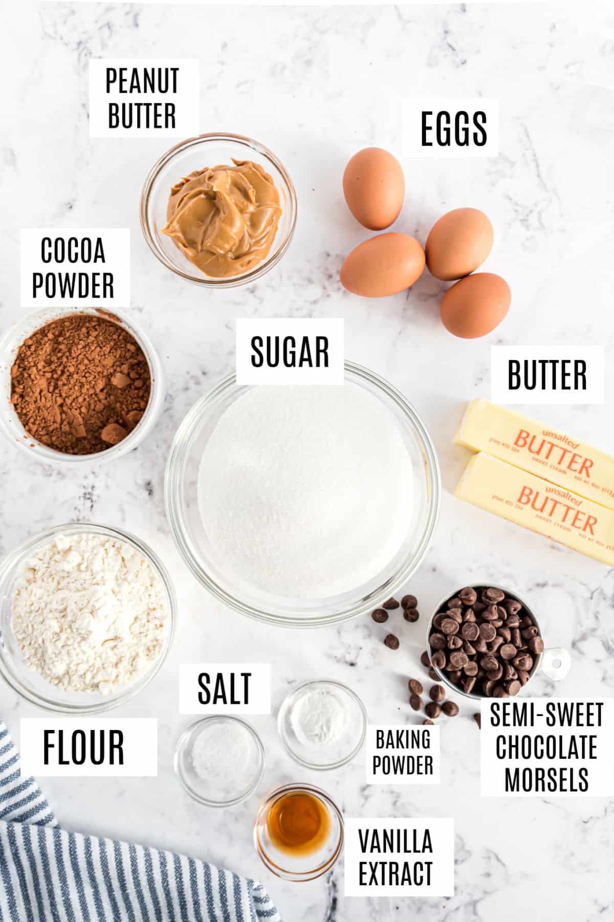 Ingredients needed to make peanut butter swirled brownies.