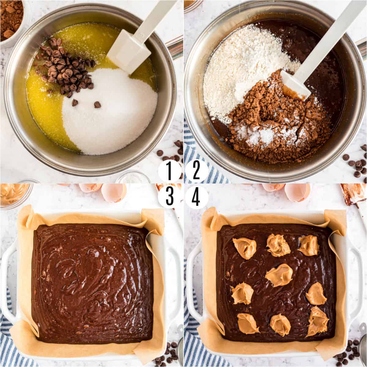 Step by step photos showing how to make peanut butter brownies.