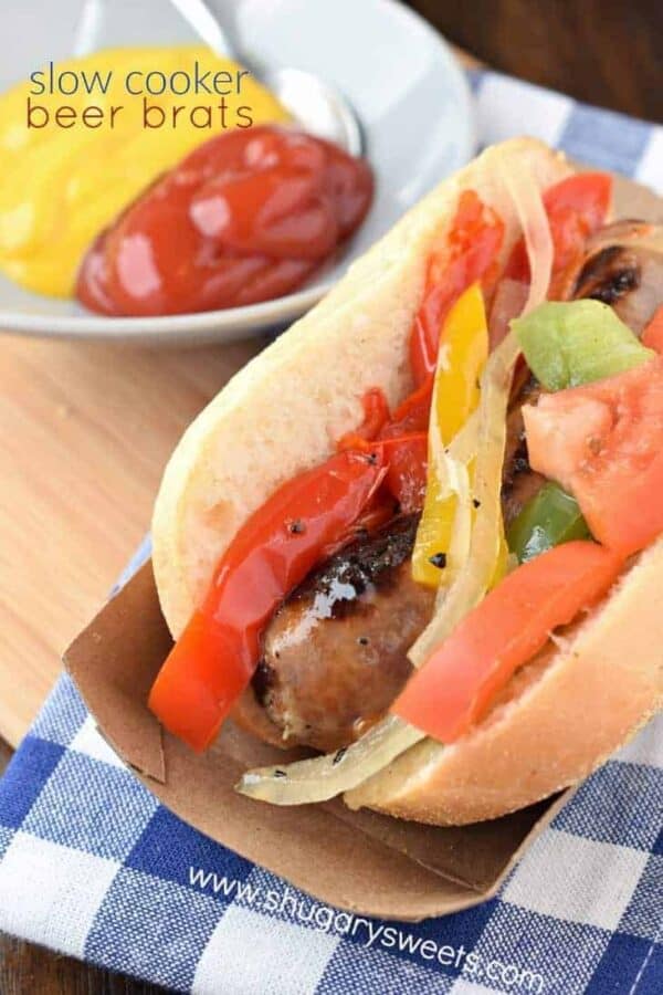 These Slow Cooker Beer Brats are the easiest dinner idea with only ten minutes prep work! My husband said these are better than on the grill!