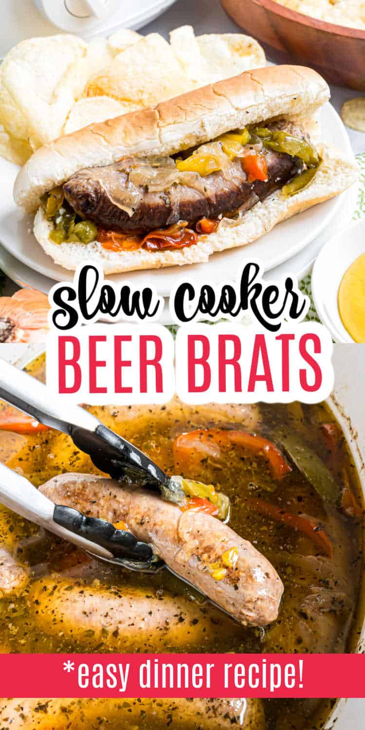 Slow cooker beer brats with peppers and onions served in a bun, featuring juicy brats being lifted from the pot with tongs for the ultimate comfort meal.
