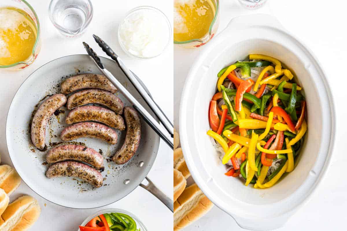 Left: Sausages cooking in a pan. Right: Sliced peppers and onions with slow cooker beer brats, ready to cook.