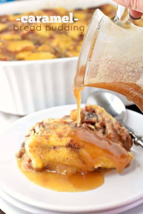 Caramel Bread Pudding has a perfect custard pudding center with a crisp outer crust! Packed with flavor and topped with caramel sauce, this is the dessert you've been craving! #fisherunshelled