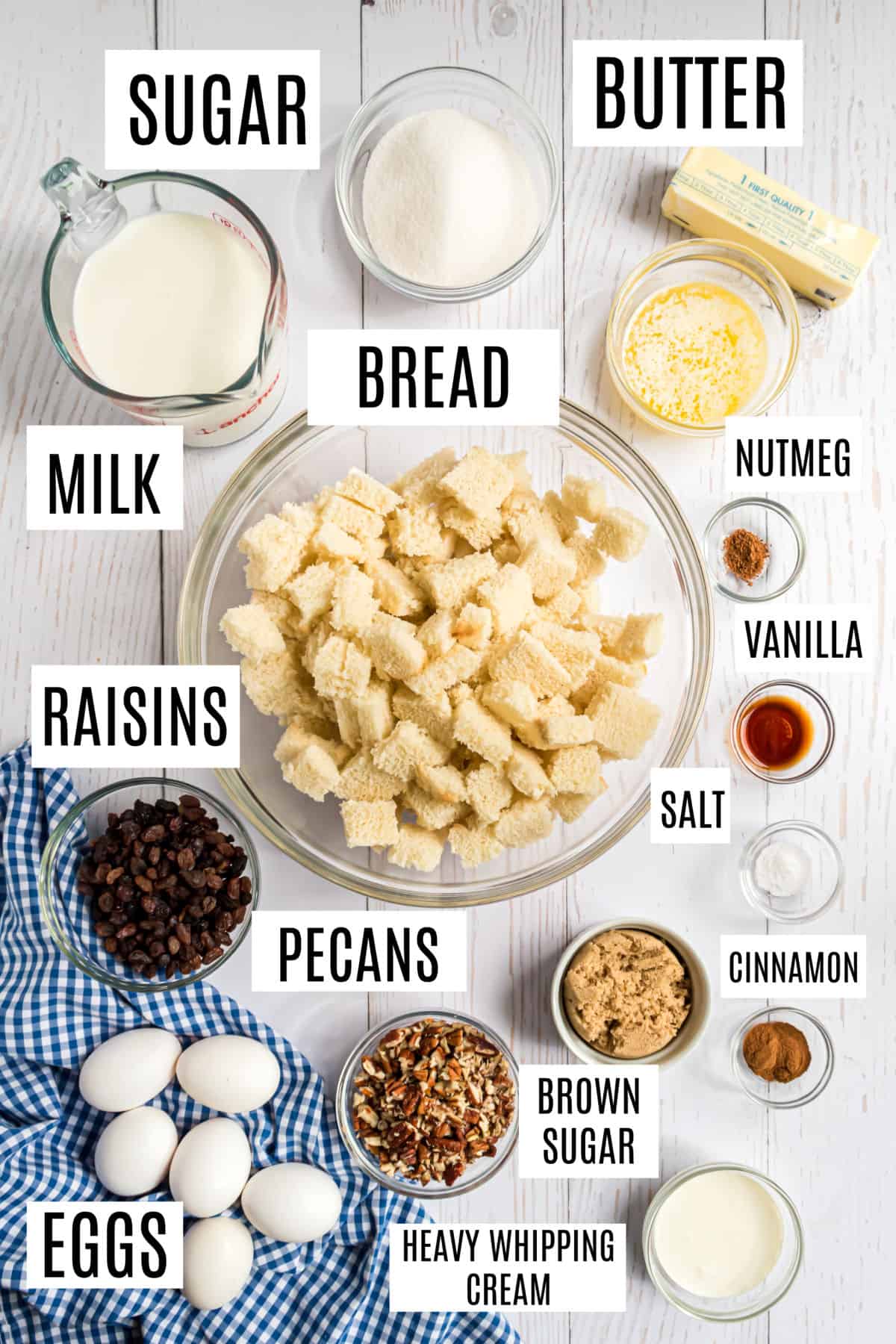 Ingredients needed to make caramel topped bread pudding.