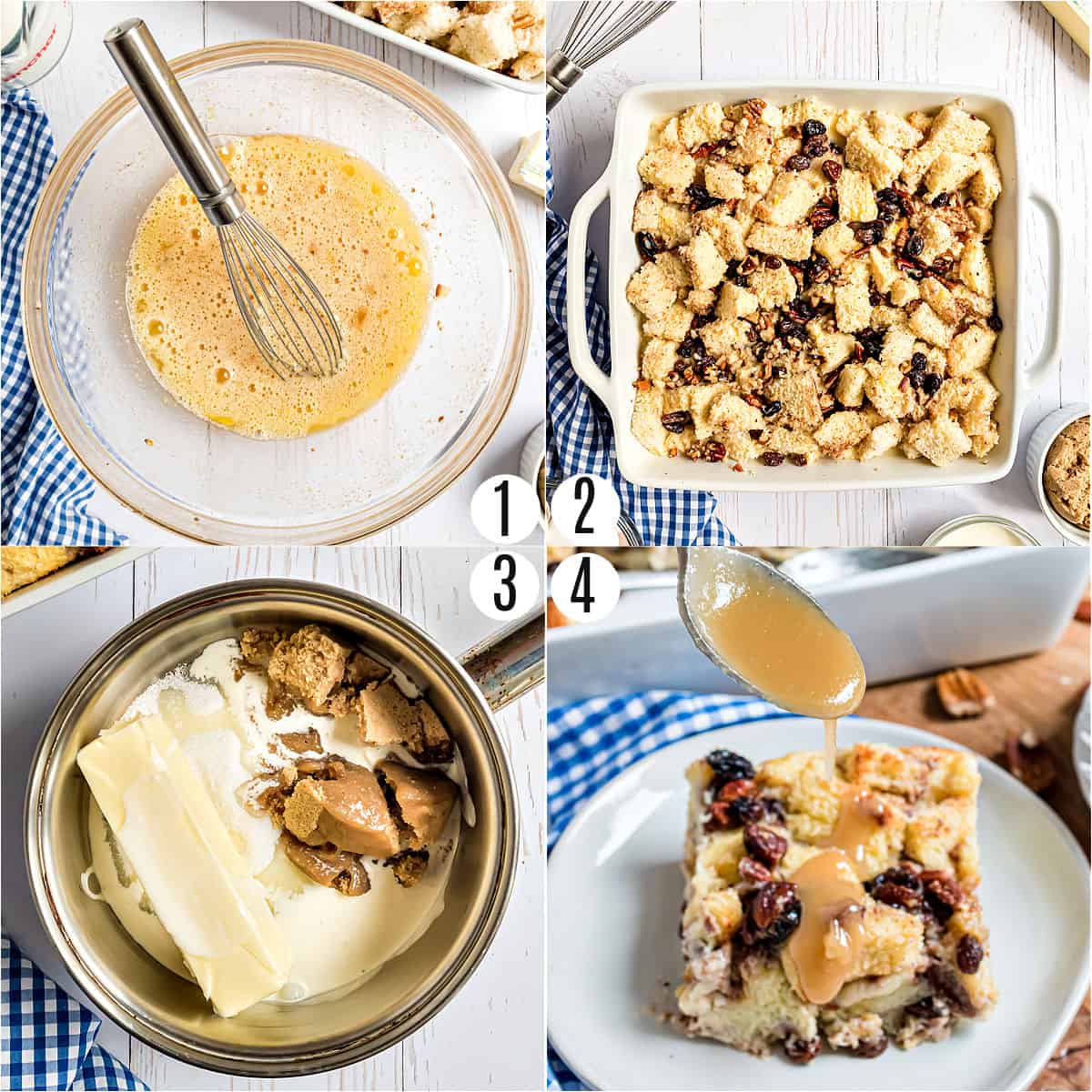 Step by step photos showing how to make bread pudding.