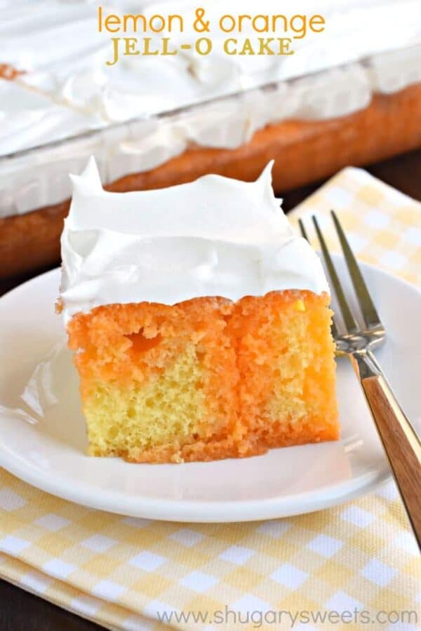 This Lemon Orange JELL-O cake is a refreshing treat at the end of the day. Made with a lemon cake and orange gelatin, you'll love the texture!